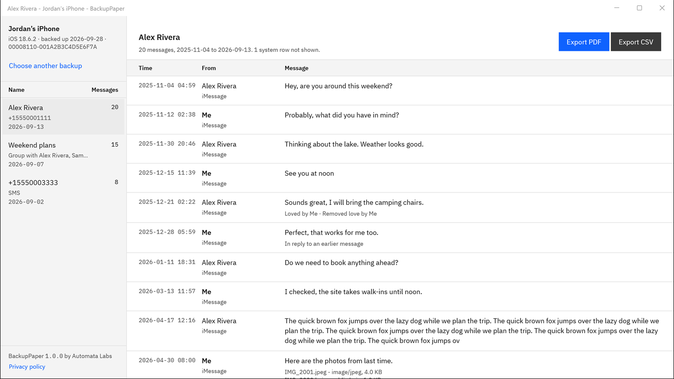 BackupPaper showing a conversation from an iPhone backup with time, sender and message columns and the Export PDF button.