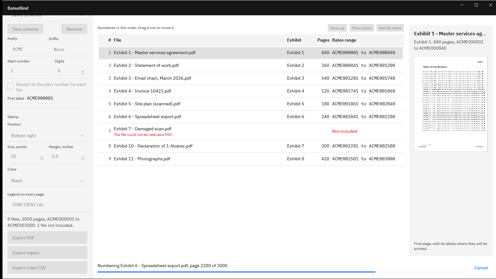 BatesBind exporting a 3,000-page sample set, with the progress line Numbering Exhibit 6 - Spreadsheet export.pdf, page 2280 of 3000, and a Cancel button.