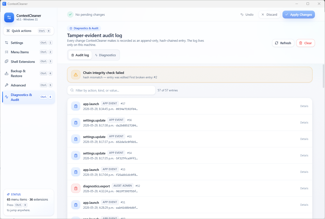 ContextCleaner diagnostics and audit view showing a verifiable, on-device history of every change.