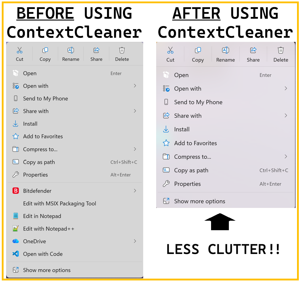 A cluttered Windows 11 right-click menu before ContextCleaner and a tidy, curated menu after.
