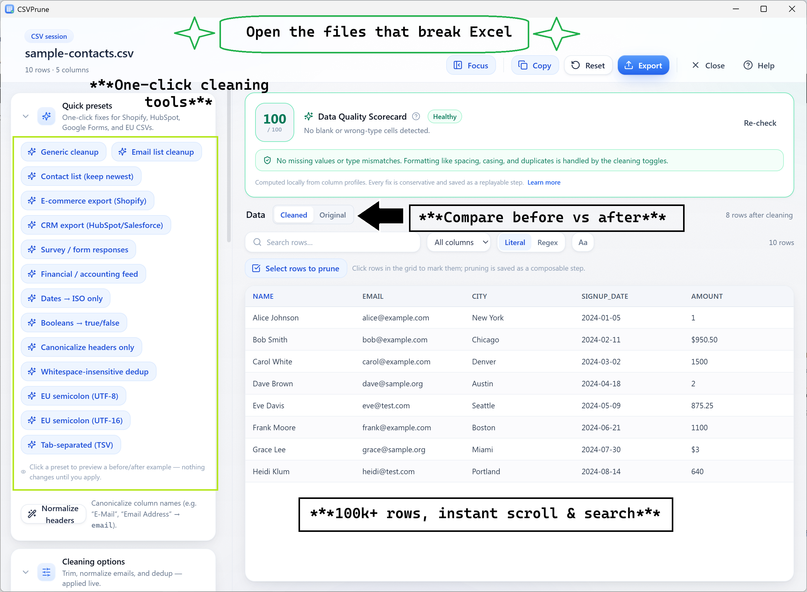 CSVPrune workspace showing a CSV loaded in a virtualized grid with columns, search, and the cleaning toggles.