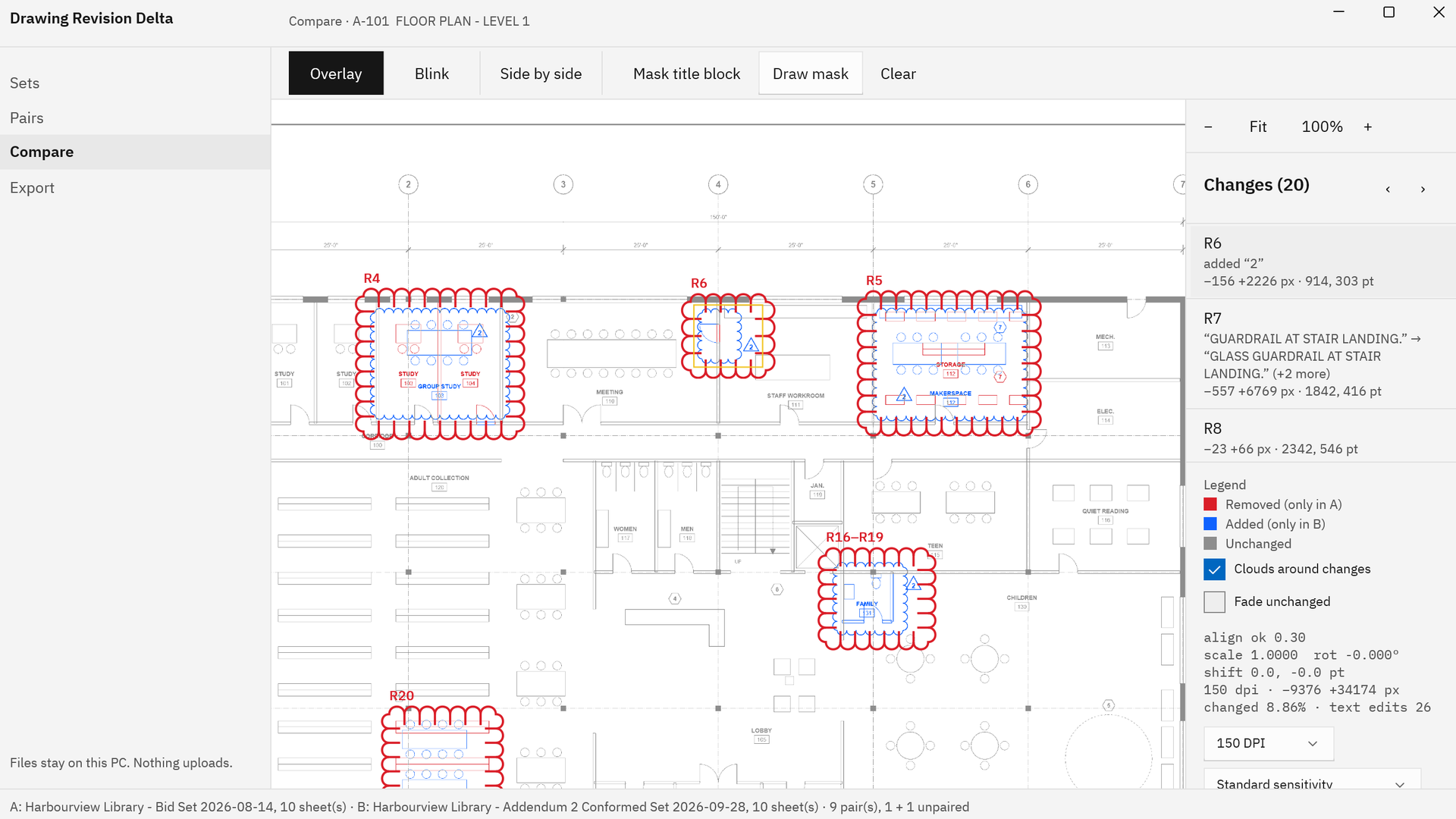 Drawing Revision Delta comparing sheet A-101 of a sample library floor plan: red and blue changes inside revision clouds R4 to R20, with a change list that shows a keynote edited to read GLASS GUARDRAIL AT STAIR LANDING.