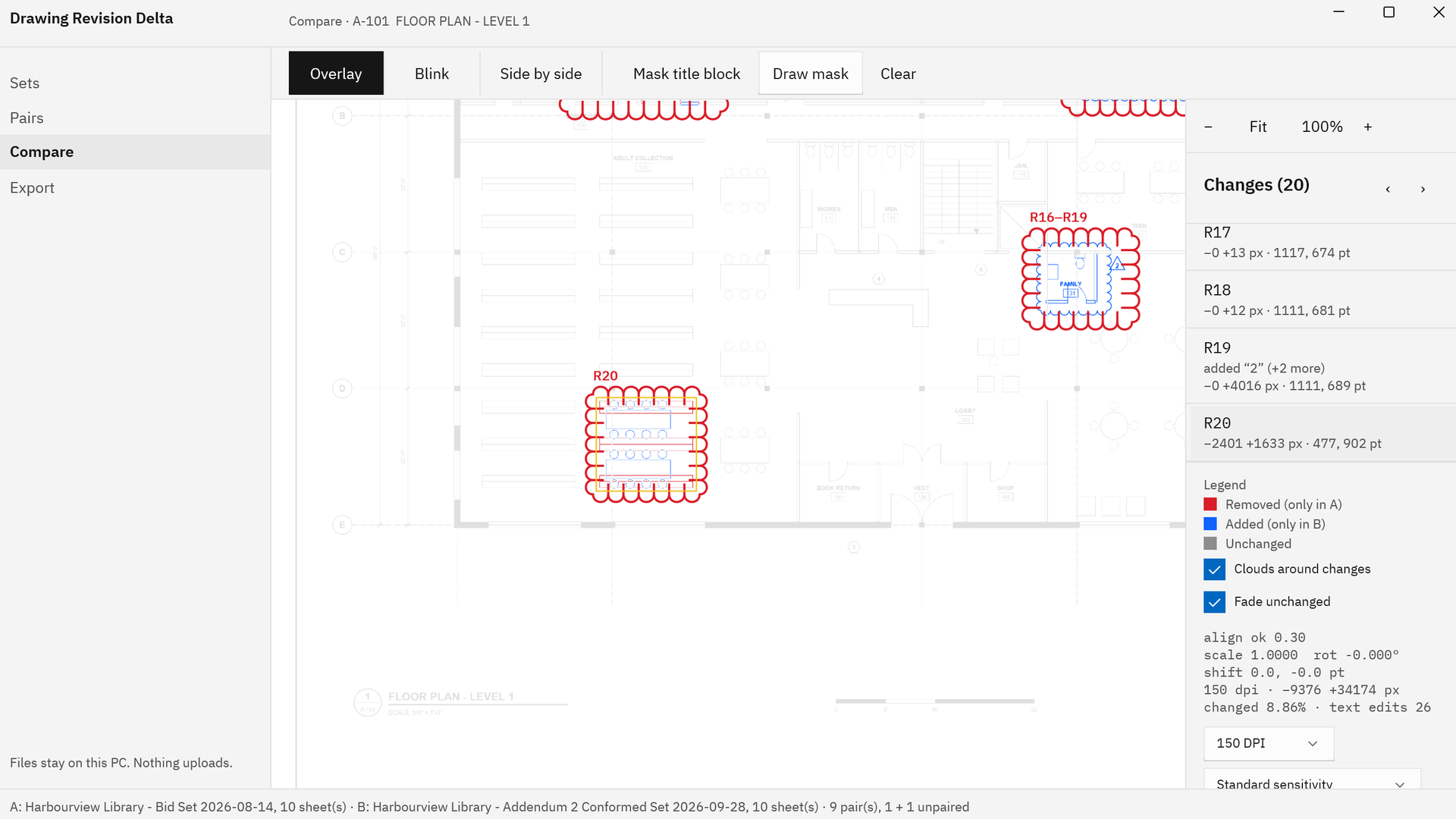 Drawing Revision Delta with Fade unchanged on, showing the changed areas of a floor plan in color, including region R20, a shelving layout replaced by tables that had no cloud in the revised drawing.