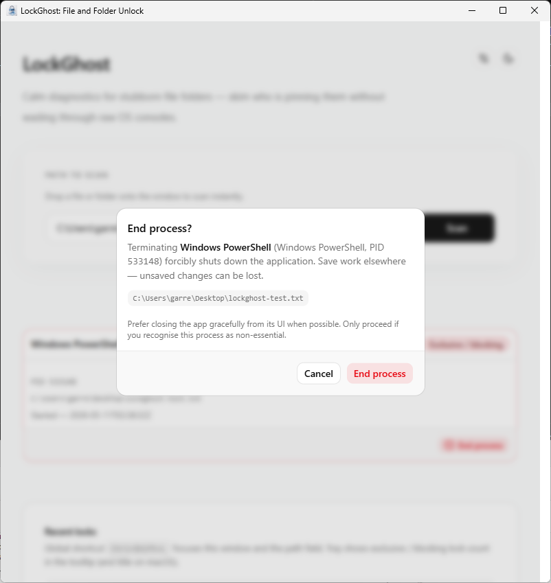 LockGhost confirmation dialog before ending a process that is locking a file, warning about unsaved work.
