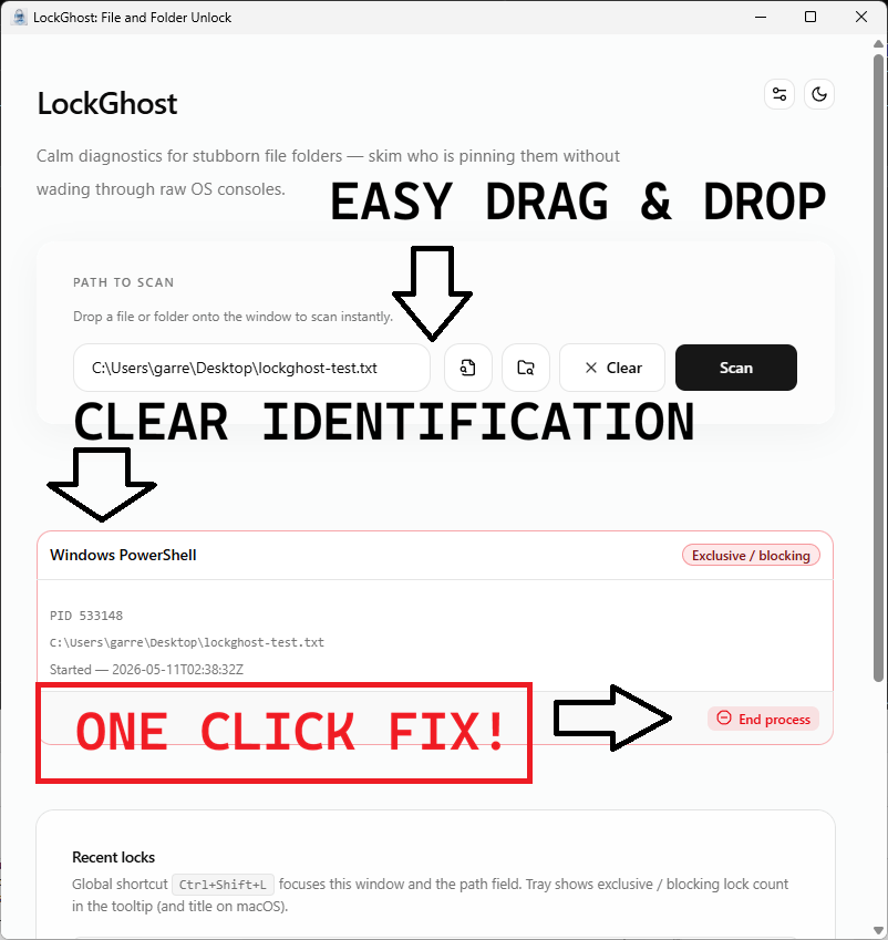 LockGhost showing the processes holding a file, each with a friendly name and color-coded lock severity.