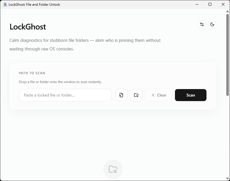 LockGhost main window on Windows 11 in light mode, with a single field to scan a locked file or folder.