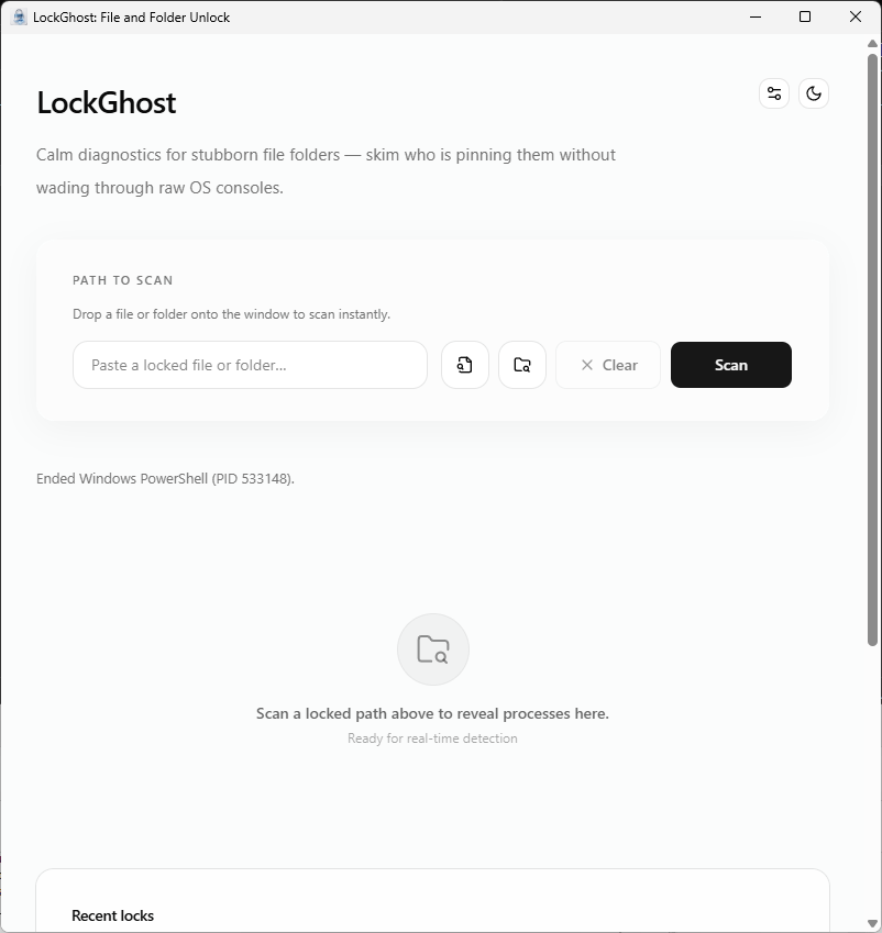 LockGhost showing a cleared path after the locking process was ended, ready to delete, rename, or save.