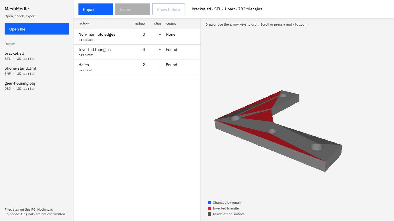 MeshMedic with bracket.stl open: the defect table lists Non-manifold edges 0, Inverted triangles 4, and Holes 2, and the 3D preview marks the inverted triangles in red.