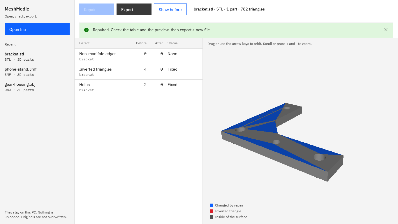 MeshMedic after repairing bracket.stl: the defect table shows Inverted triangles 4 to 0 and Holes 2 to 0, both Fixed, and the 3D preview draws the repaired triangles in blue.