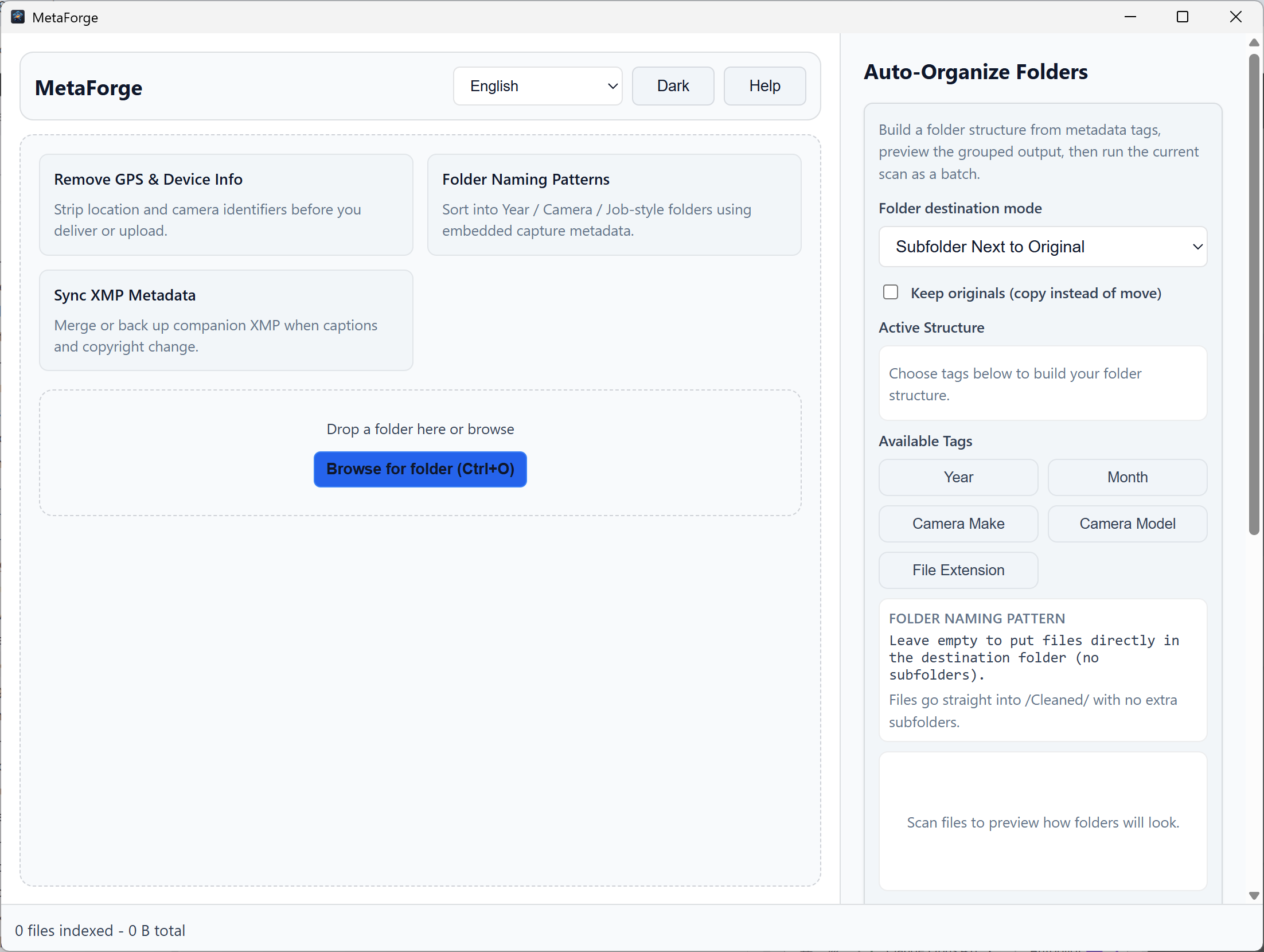 MetaForge Auto-Organize panel building a folder structure from Year, Month, and Camera Model tags.