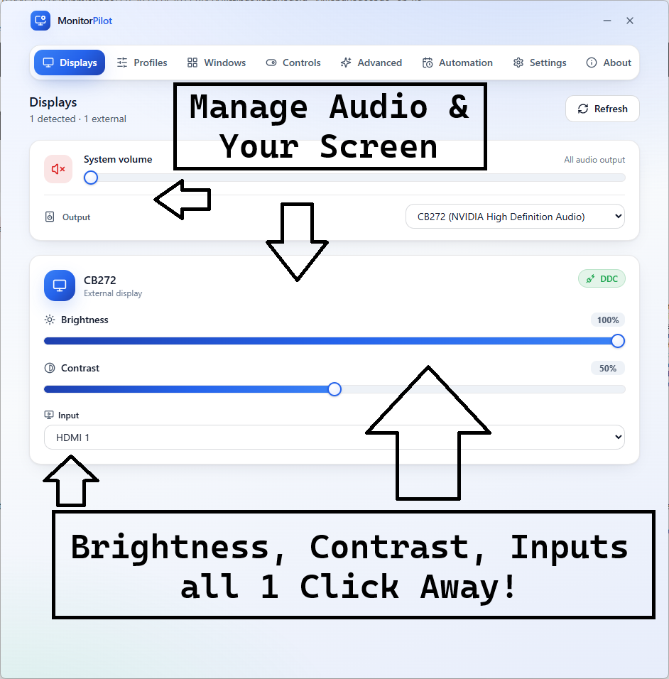 MonitorPilot dashboard showing every external display as a card with brightness, contrast, input, and volume controls.