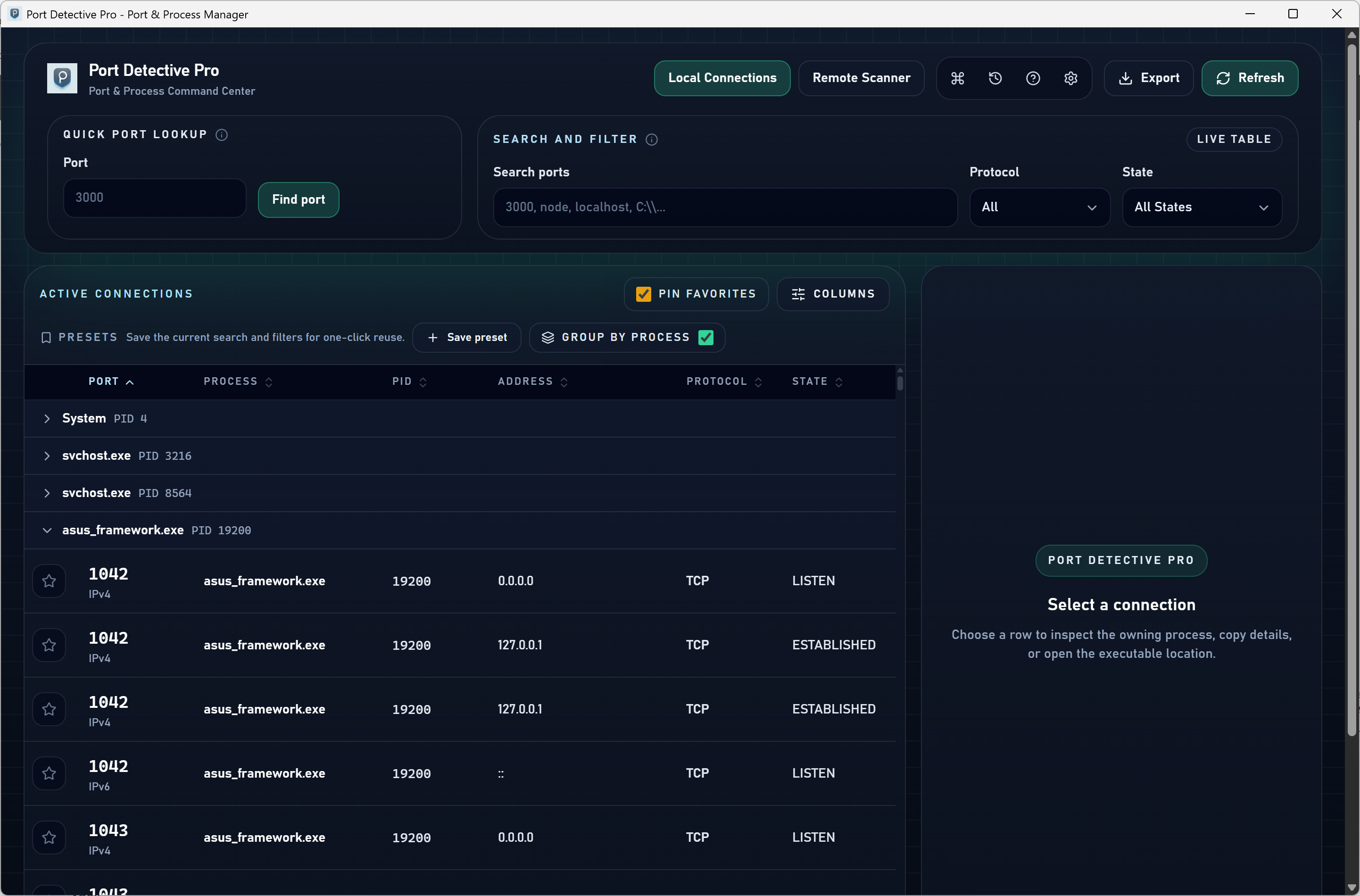 Port Detective Pro connections grouped by process