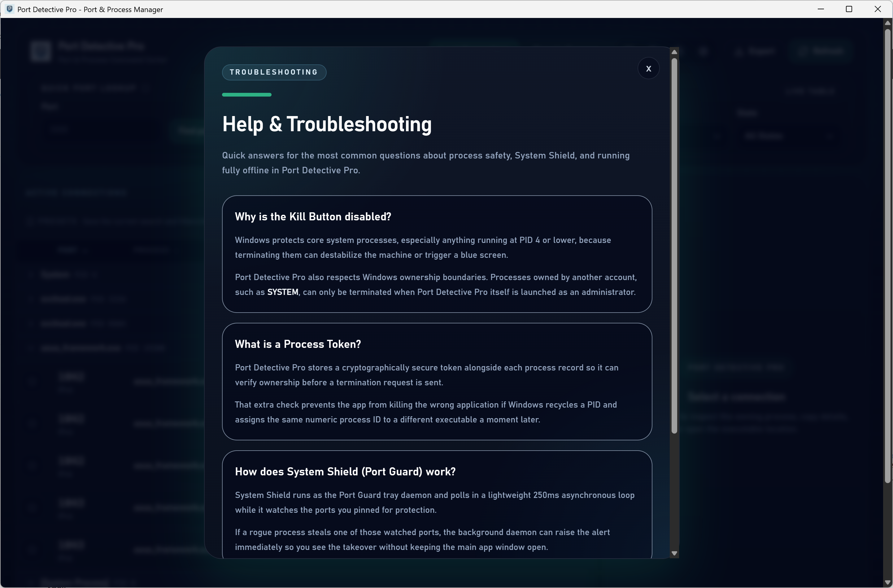 Port Detective Pro in-app help and reference screen