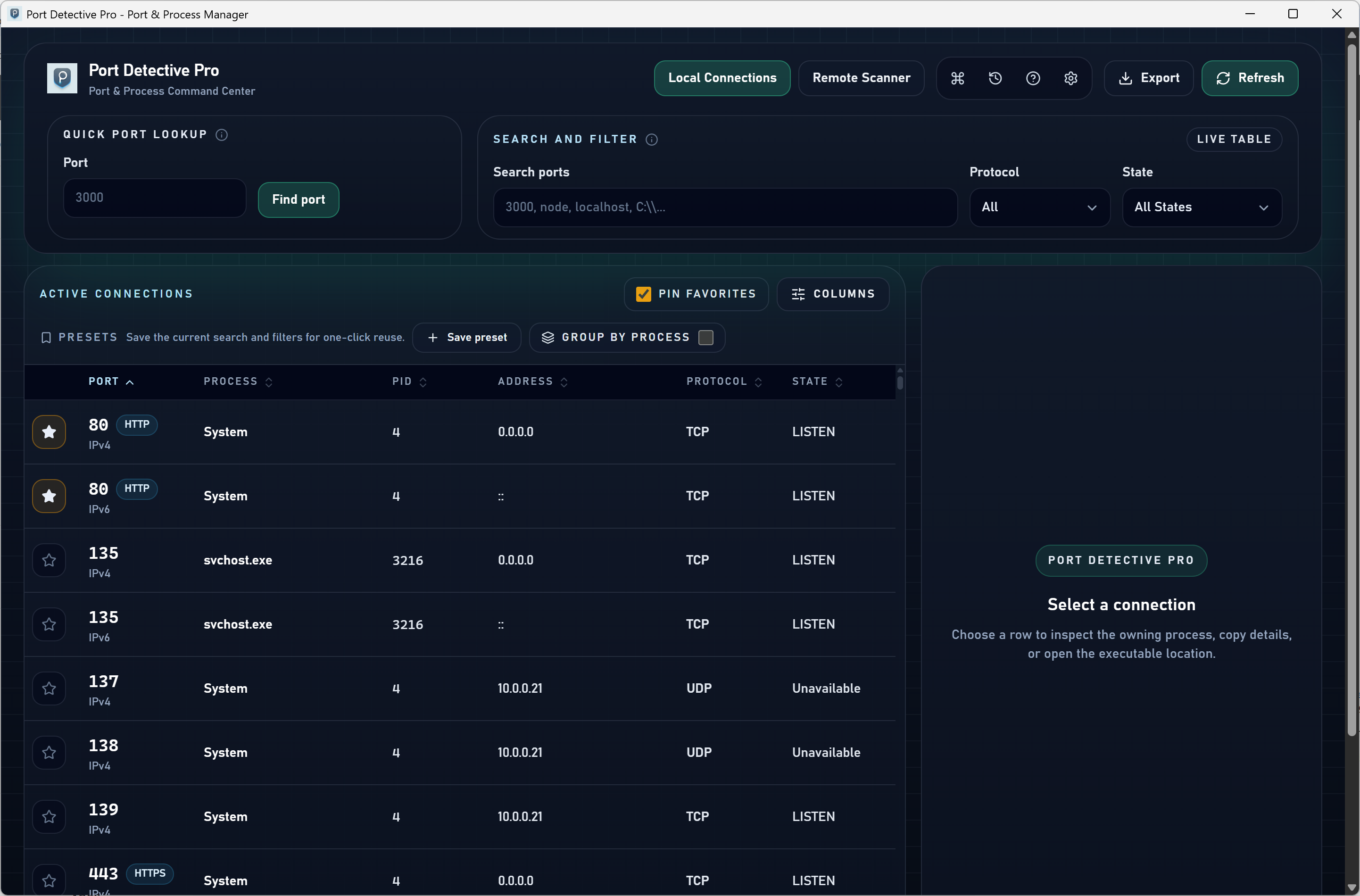 Port Detective Pro main window listing live TCP and UDP connections with owning processes