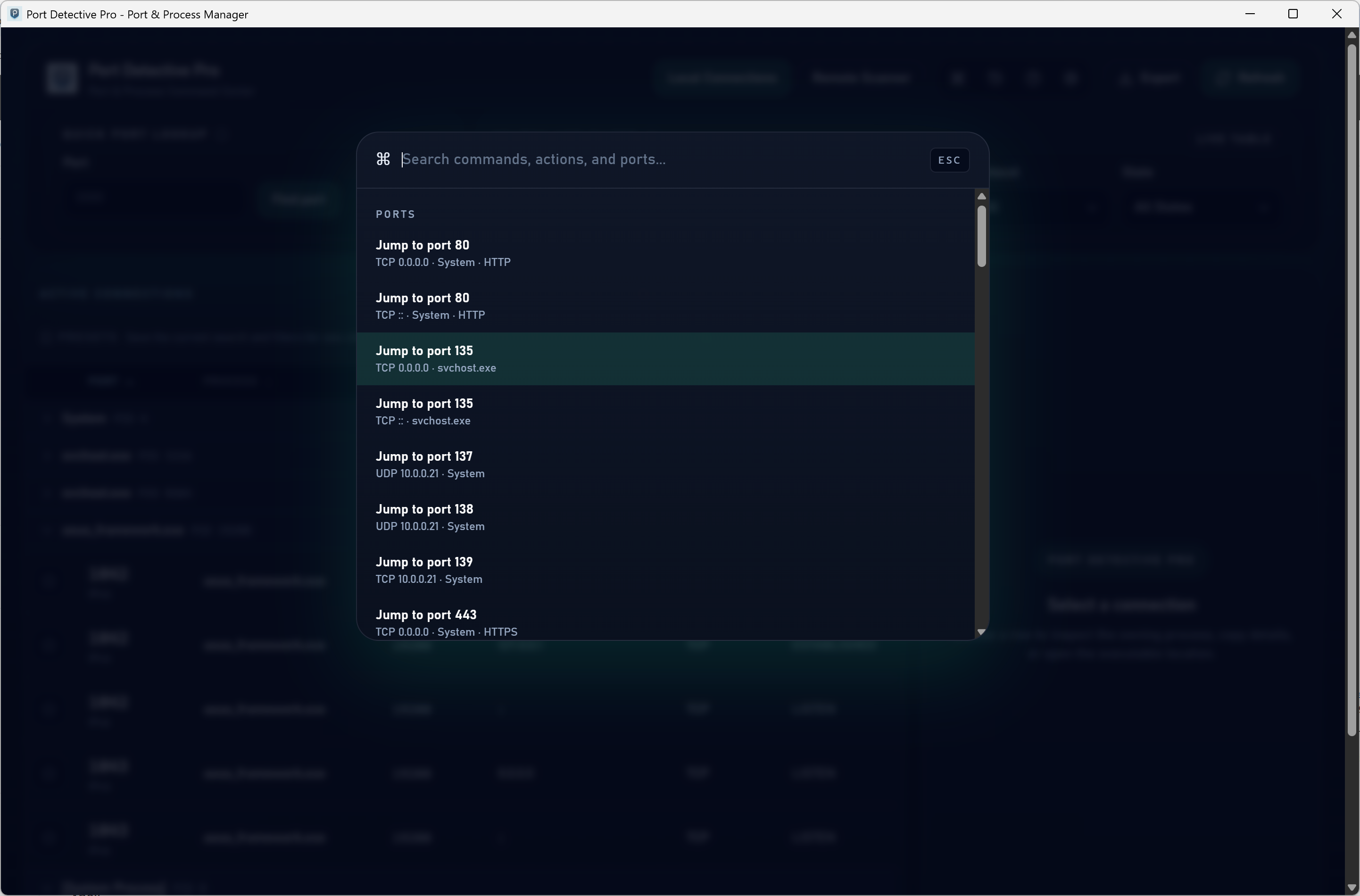 Port Detective Pro quick lookup resolving a port number to its owning process