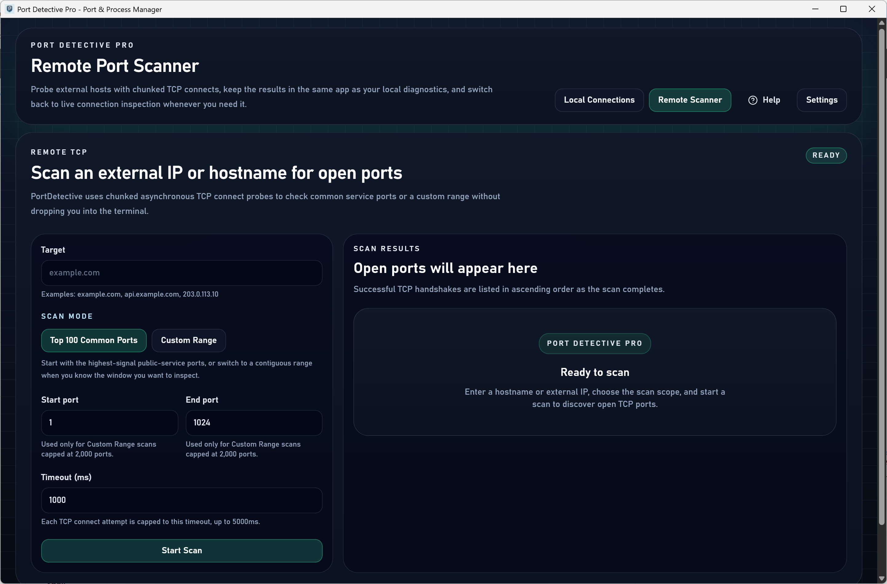 Port Detective Pro scanning remote hosts and Docker bridges