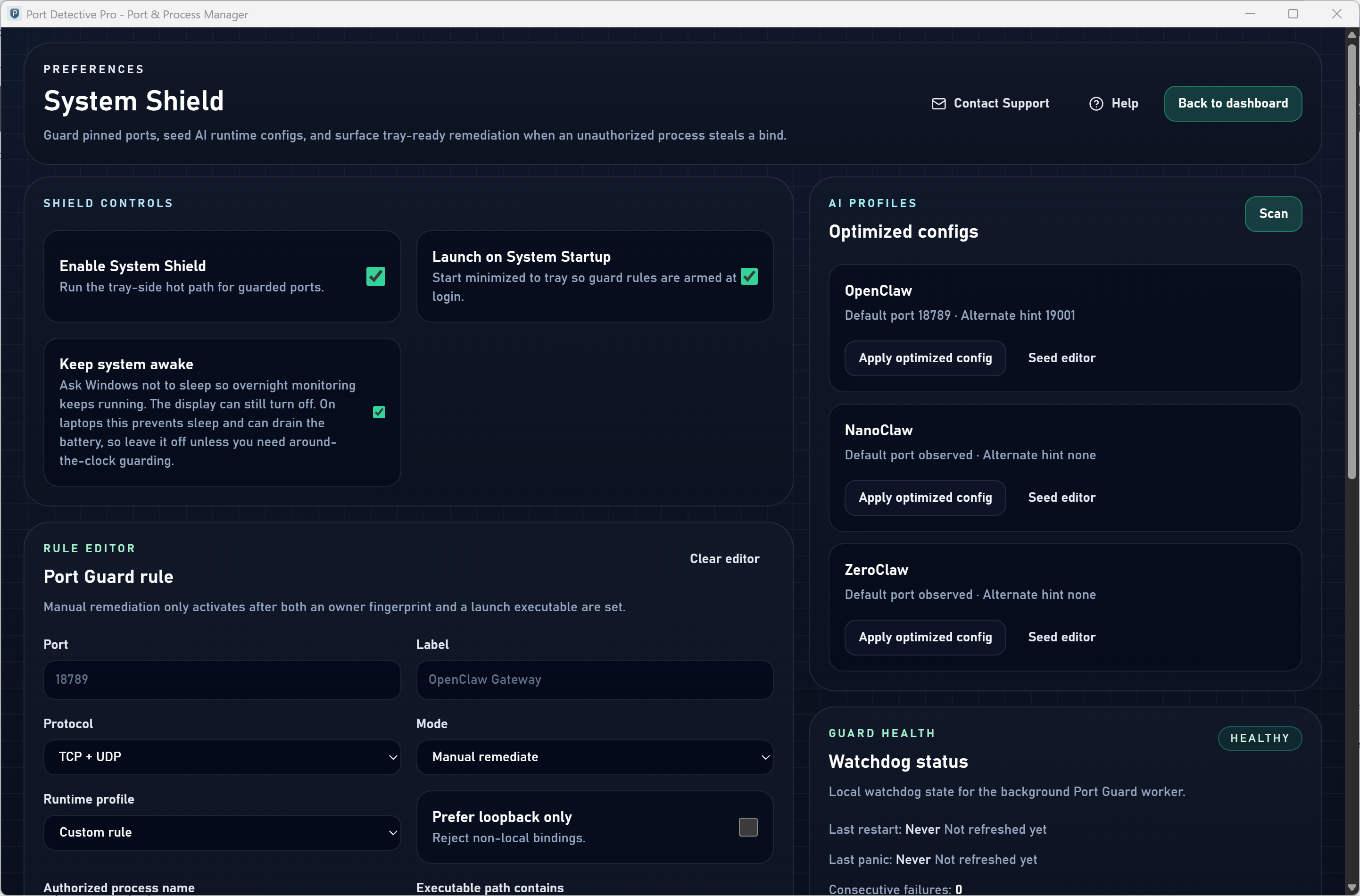 Port Detective Pro settings including Port Guard watchdog rules
