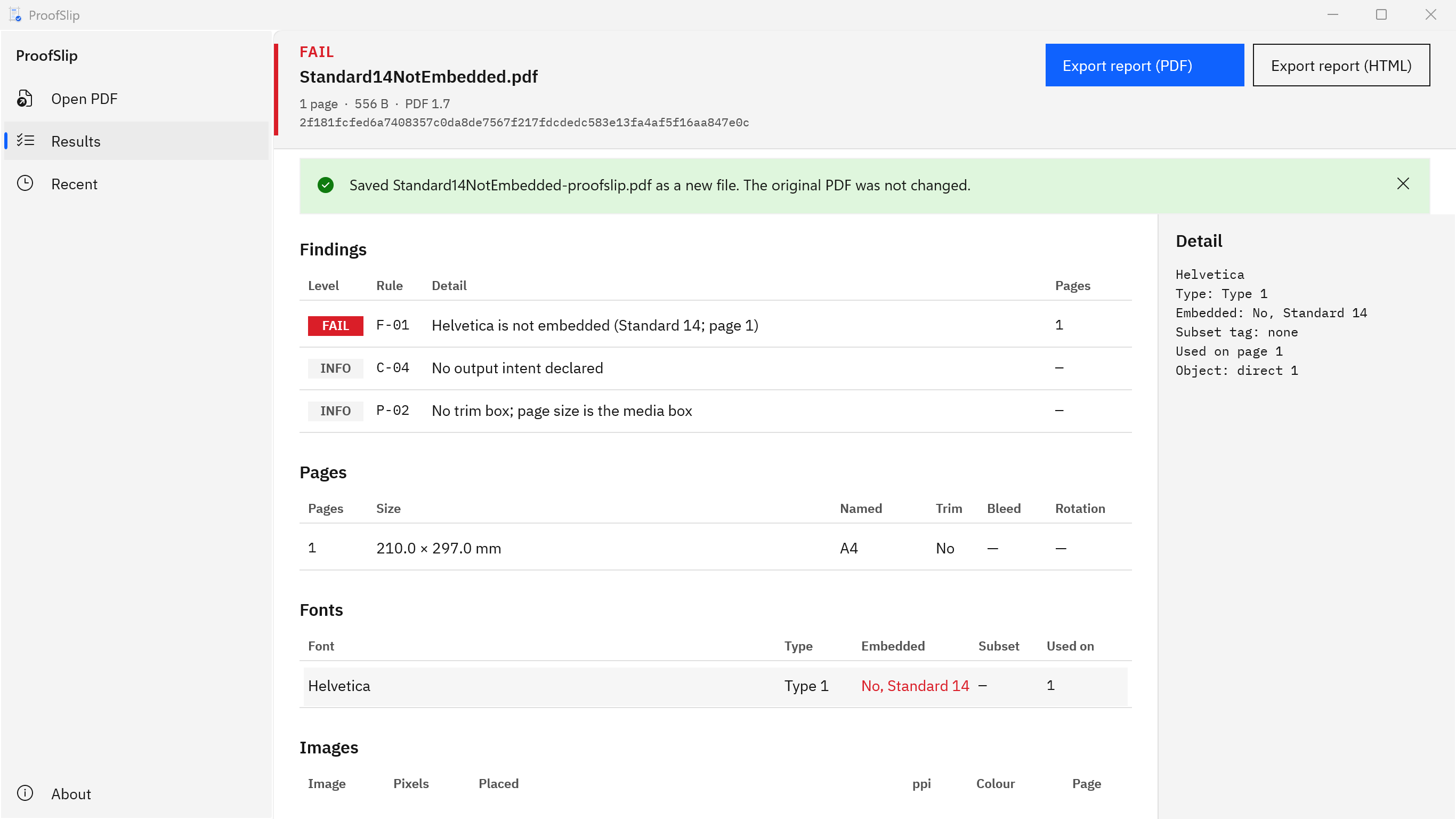 ProofSlip with a green status line reading Saved Standard14NotEmbedded-proofslip.pdf as a new file. The original PDF was not changed.