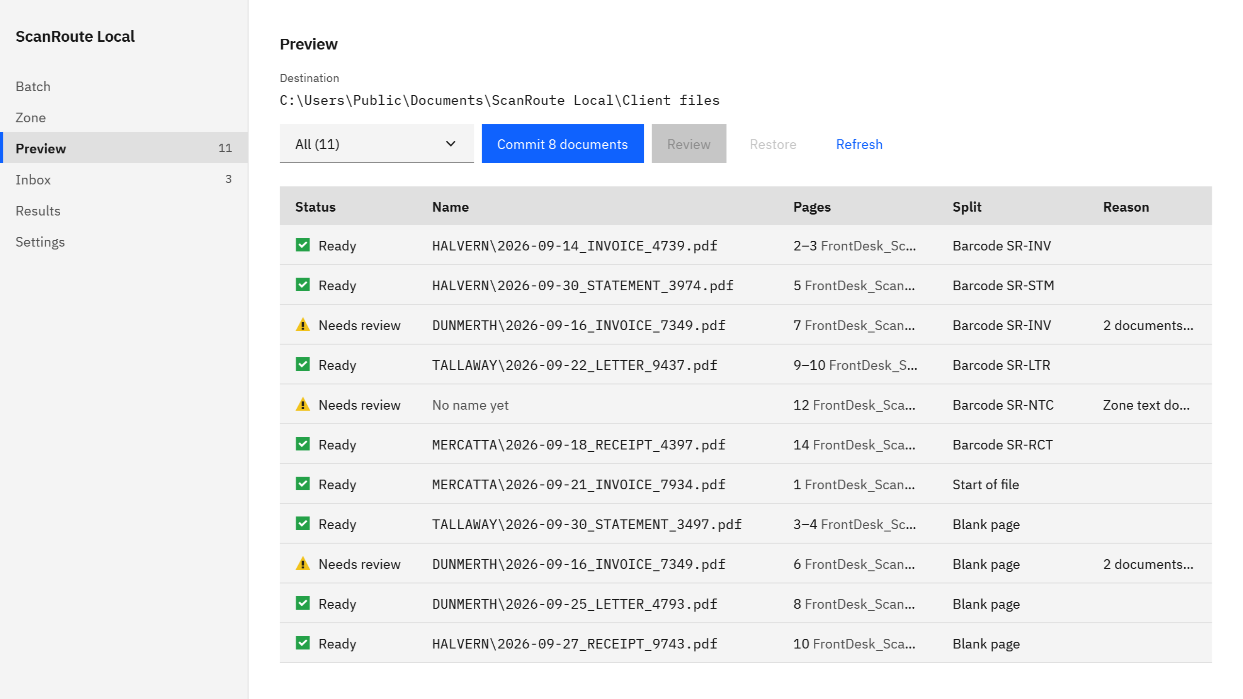 ScanRoute Local Preview listing eleven proposed PDF names in client folders, eight ready and three needing review, with a Commit 8 documents button.