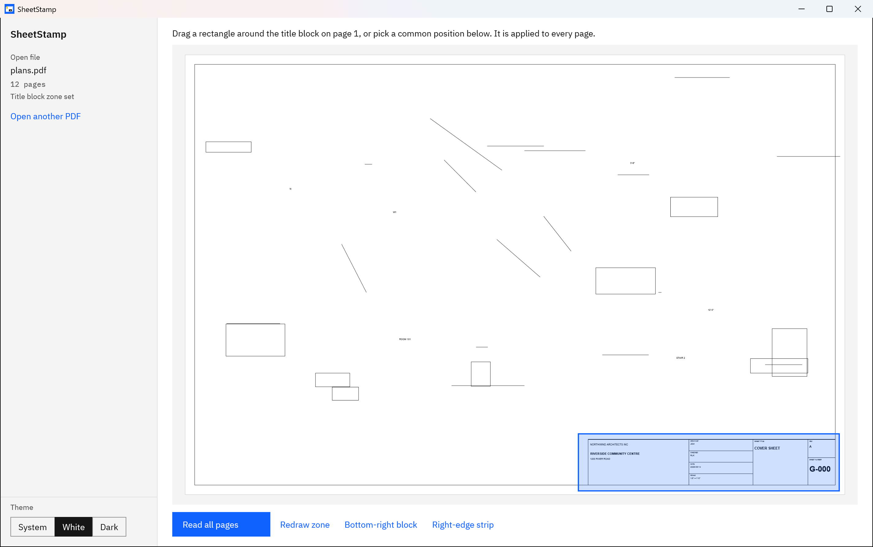 SheetStamp zone step showing page 1 of a sample plan set with a blue rectangle around the bottom-right title block, and the Read all pages, Redraw zone, Bottom-right block and Right-edge strip buttons.