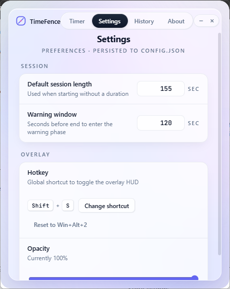 TimeFence settings screen with local configuration options for a Rust and Tauri desktop app—no web workflow required.
