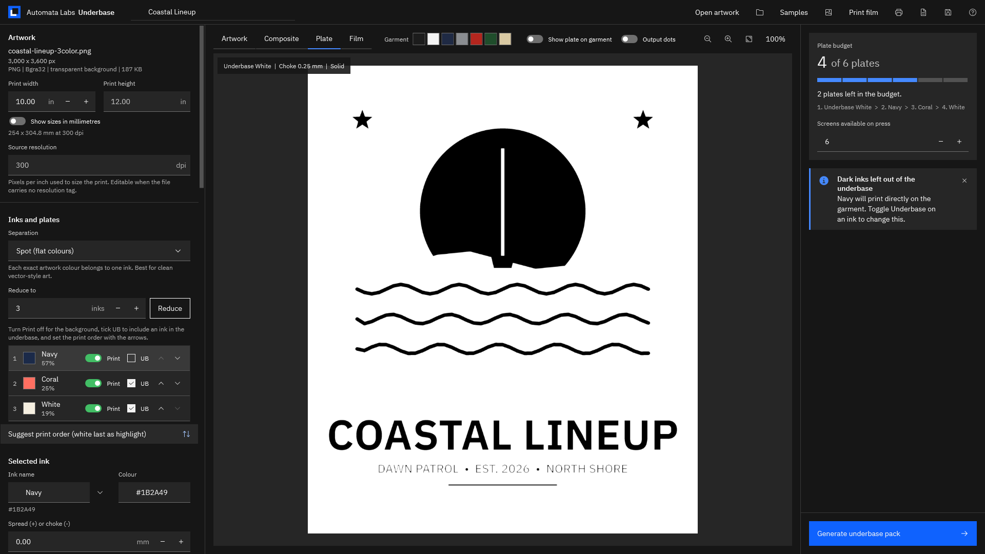 The Plate tab showing the Underbase White plate for the surf logo in black on white, labeled Choke 0.25 mm and Solid.